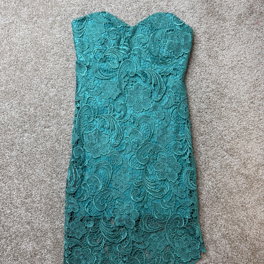 Daisy Dress Womens Medium Green Lace Strapless Bodycon Asymmetric Hem Party